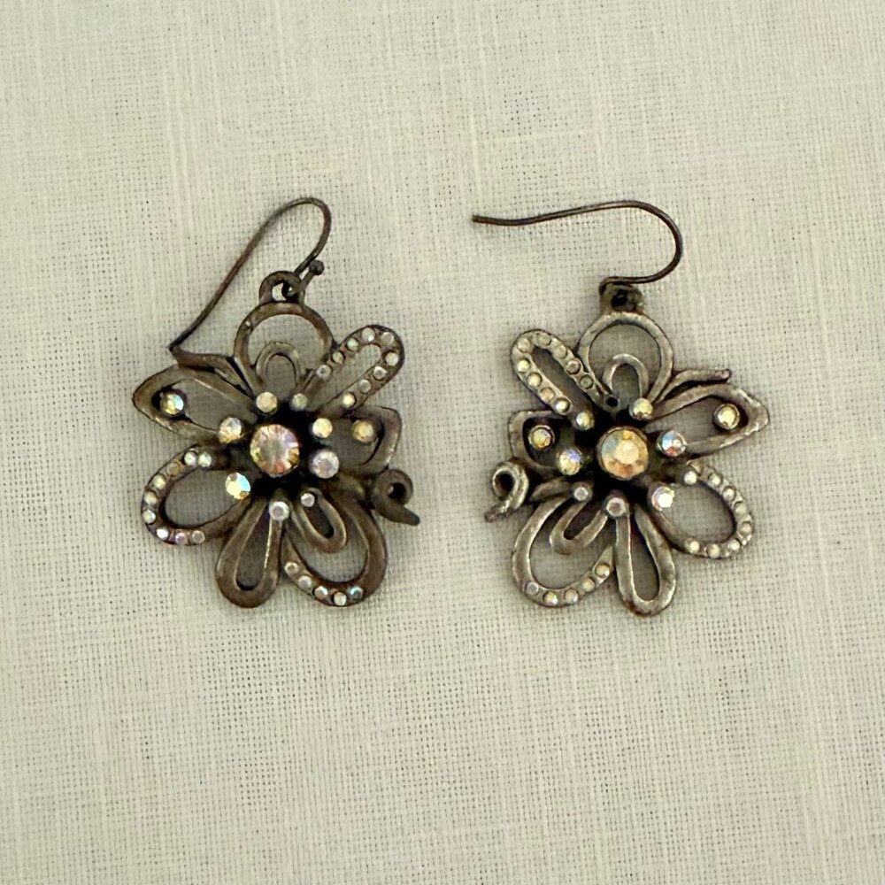 Chicos Flower Rhinestone Dangle Earrings Silver Tone Patina Boho Festival Style